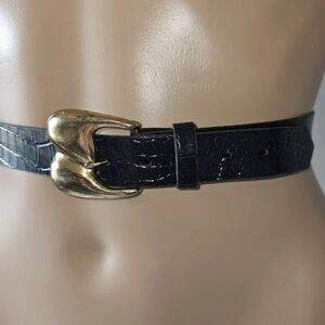 80s Ladies Size 12 Navy Blue Moc CROC Gold Colored Buckle Accent 80's-1990S Belt